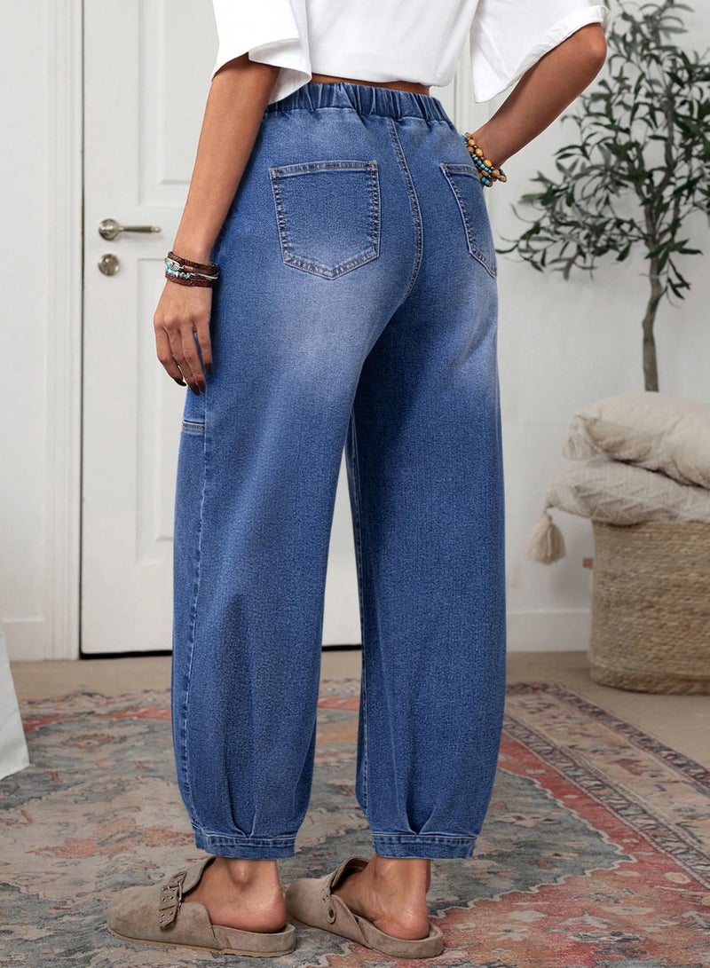 Sidefeel Mid Rise Barrel Jeans for Women Wide Leg Mid Waist Cropped Denim Pants Y2k Baggy Boyfriend Jeans with Pockets Dark Blue Size 18 - Image 3