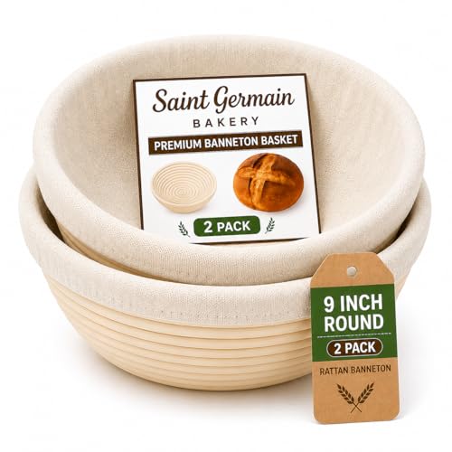 Saint Germain Bakery Premium Round Bread Banneton Basket with Liner Set of 2 9 Round Baskets - Image 1