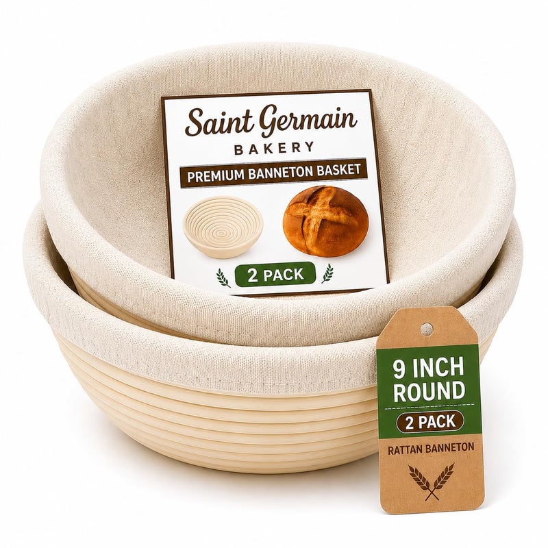 Saint Germain Bakery Premium Round Bread Banneton Basket with Liner Set of 2 9 Round Baskets - Image 2