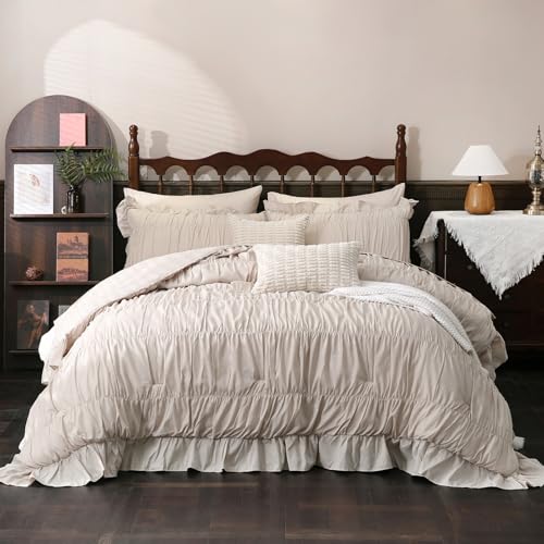 Herside Beige Comforter Set Queen Size,Ruched Boho Bedding 9-Piece Bed-in-a-Bag for All Seasons,Fluffy Luxury Ruffle Bedding Set with Comforter, Flat Sheet, Fitted Sheet, Pillow Shams, Pillowcases - Image 2