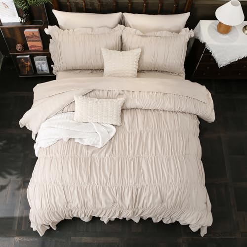 Herside Beige Comforter Set Queen Size,Ruched Boho Bedding 9-Piece Bed-in-a-Bag for All Seasons,Fluffy Luxury Ruffle Bedding Set with Comforter, Flat Sheet, Fitted Sheet, Pillow Shams, Pillowcases - Image 5
