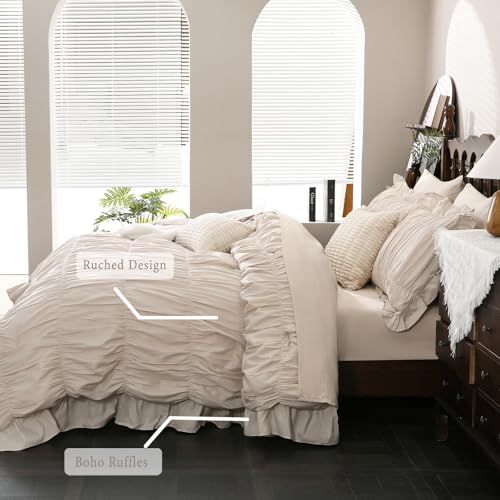 Herside Beige Comforter Set Queen Size,Ruched Boho Bedding 9-Piece Bed-in-a-Bag for All Seasons,Fluffy Luxury Ruffle Bedding Set with Comforter, Flat Sheet, Fitted Sheet, Pillow Shams, Pillowcases - Image 3
