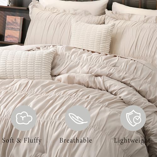 Herside Beige Comforter Set Queen Size,Ruched Boho Bedding 9-Piece Bed-in-a-Bag for All Seasons,Fluffy Luxury Ruffle Bedding Set with Comforter, Flat Sheet, Fitted Sheet, Pillow Shams, Pillowcases - Image 4