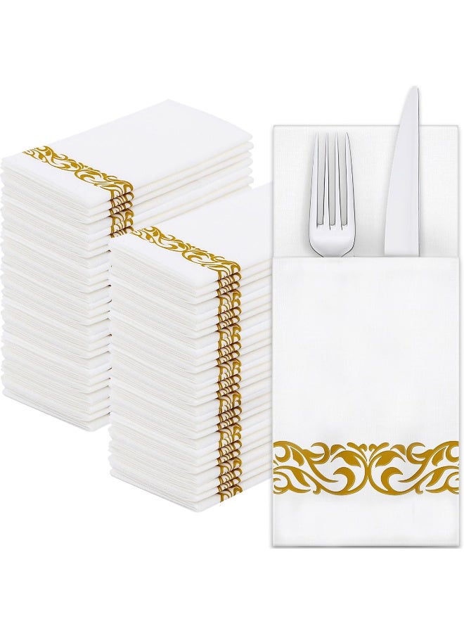 Relex 50 Pieces Disposable Cloth Like Napkins Built-in Flatware Pocket Wedding Party Linen Feel White Napkin Prefolded for Silverware - Image 1