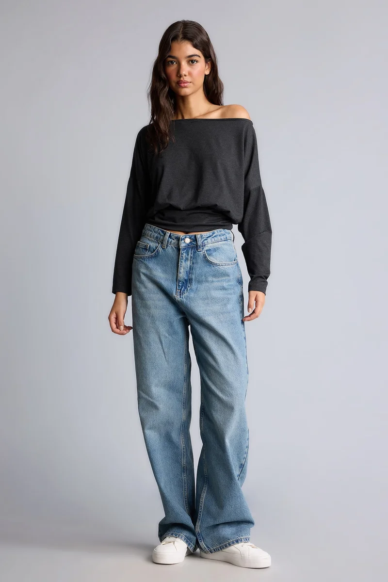 Defacto Loose Fit Off Shoulder Viscose Long Sleeve T-Shirt