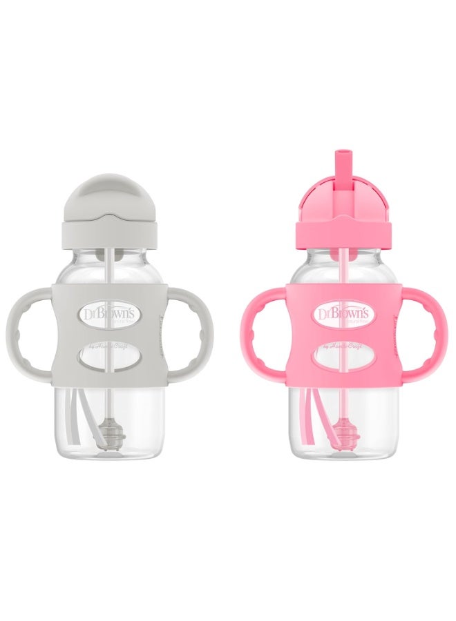 Dr. Brown's Dr. Brown's Milestones Wide-Neck Sippy Straw Bottle with 100% Silicone Handles and Weighted Straw, 9 oz/270 mL, Gray & Pink, 6m+, 2 Count (Pack of 1)  - Image 1