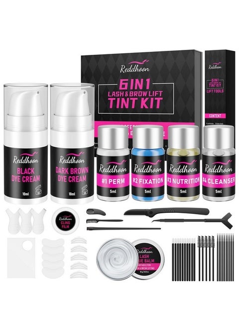 6 IN 1 Lash Lift & Brow Lamination Kit, Brow & Lash Lift Kit with Double Black Brown Color, Curling Perming & Voluminous Lashes Brows with Complete Tools, Salon & Home Use, Gifts for Her