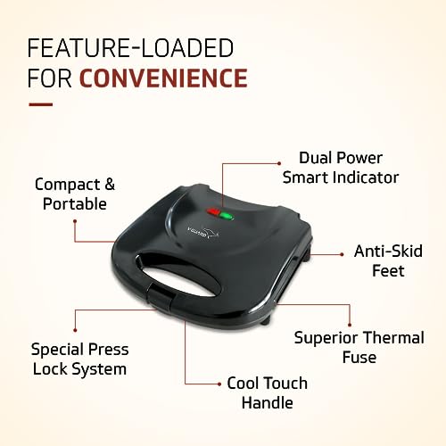 V-Guard VSG80 2 Slice Non-Stick Grill Electric Sandwich Maker | Fixed Non-Stick Griller Plates With Powerful 800 W Heating| Easy To Clean NS Greblon Coating | 1 Year Coverage By V-Guard, Black - Image 5