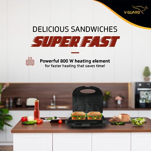 V-Guard VSG80 2 Slice Non-Stick Grill Electric Sandwich Maker | Fixed Non-Stick Griller Plates With Powerful 800 W Heating| Easy To Clean NS Greblon Coating | 1 Year Coverage By V-Guard, Black - Image 2