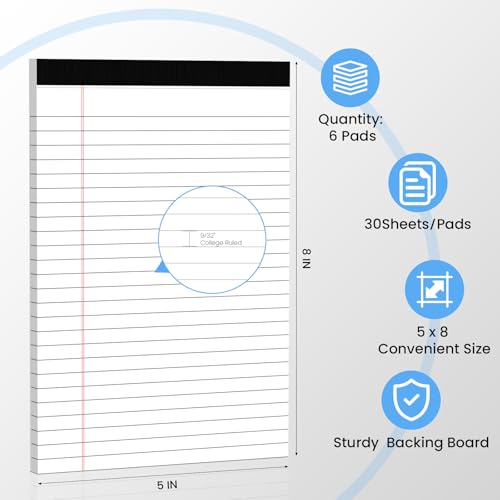 Ciphyfee 6 Pack Notepads 5x8, Small Legal Pads Narrow College Ruled, 30 Sheets/Pack, Perforated Notebook - White Note Pads for School, Memo, Note Taking, Teacher & Office Supplies, Writing Pads of Paper - Image 2
