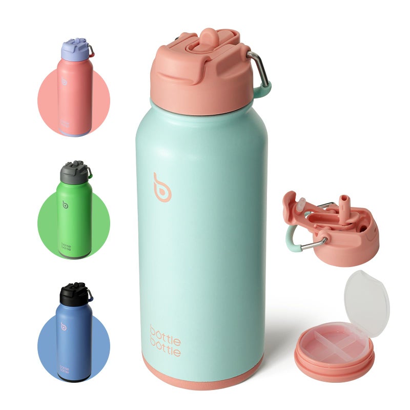 BOTTLE BOTTLE 32 oz Insulated Water Bottle Stainless Steel Sport Water Bottle with Straw Dual-use Lid Design for Gym with Pill Box (dreamy ocean) - Image 1
