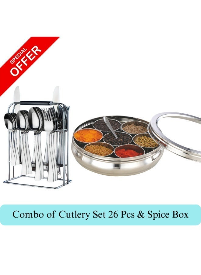 Decent Kitchen Combo Set | Deluxe Stainless Steel Spice Box 12 Inch + 26-Piece Stainless Steel Cutlery Set with Stand | Premium Storage & Dining Essentials - Image 1