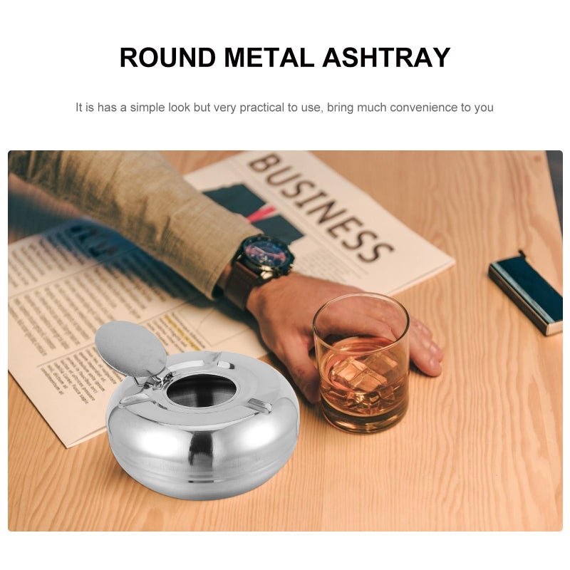 Stainless Steel Windproof Ashtray With Lid 13cm Round Outdoor Cigarette Cigar Container For Home Patio - Image 4