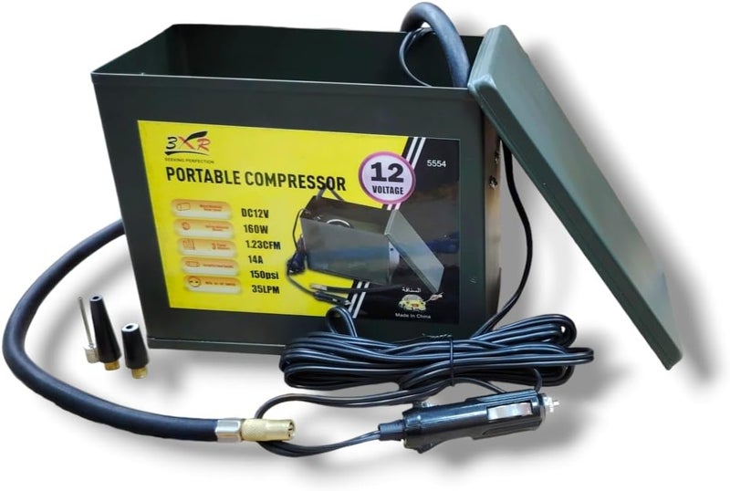 3XR Portable Air Compressor, 12V, 160W, 150PSI Max Pressure, Military-Style Case with Pressure Gauge - Image 1
