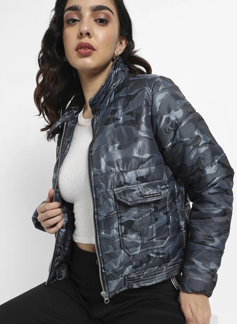 Campus Sutra Women's Blue Camouflage Jacket With Flap Pockets For Casual Wear | Spread Collar  | Long Sleeve | Zipper Closure | Polyester Jacket Crafted With Comfort Fit For Everyday Wear