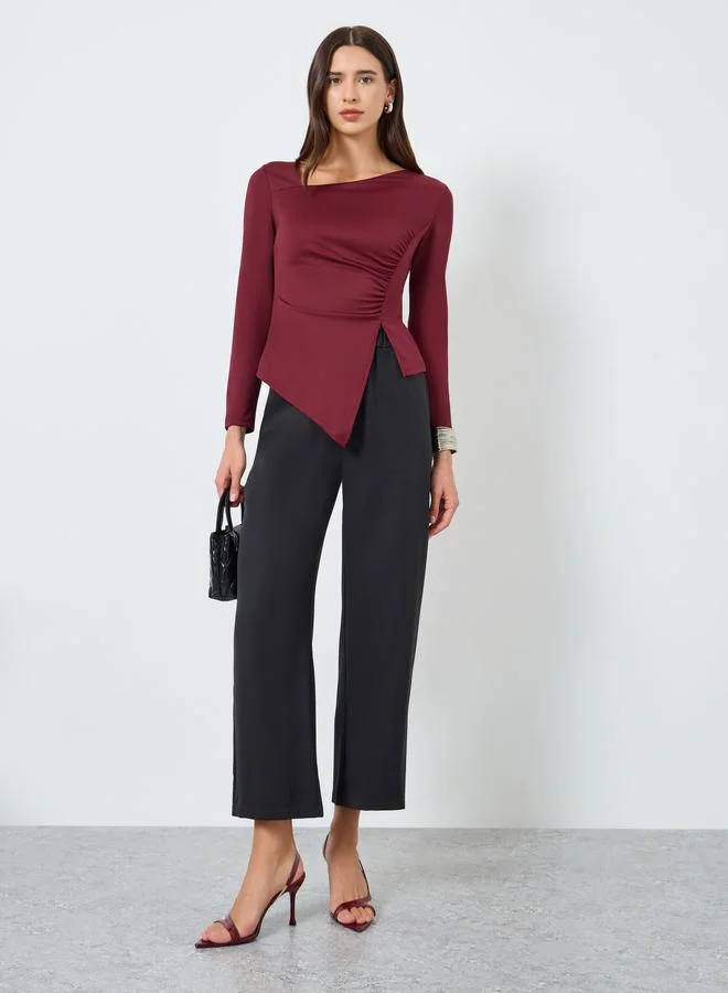 Take Two Solid Irregular Neck Slit Hem Long Sleeve Top