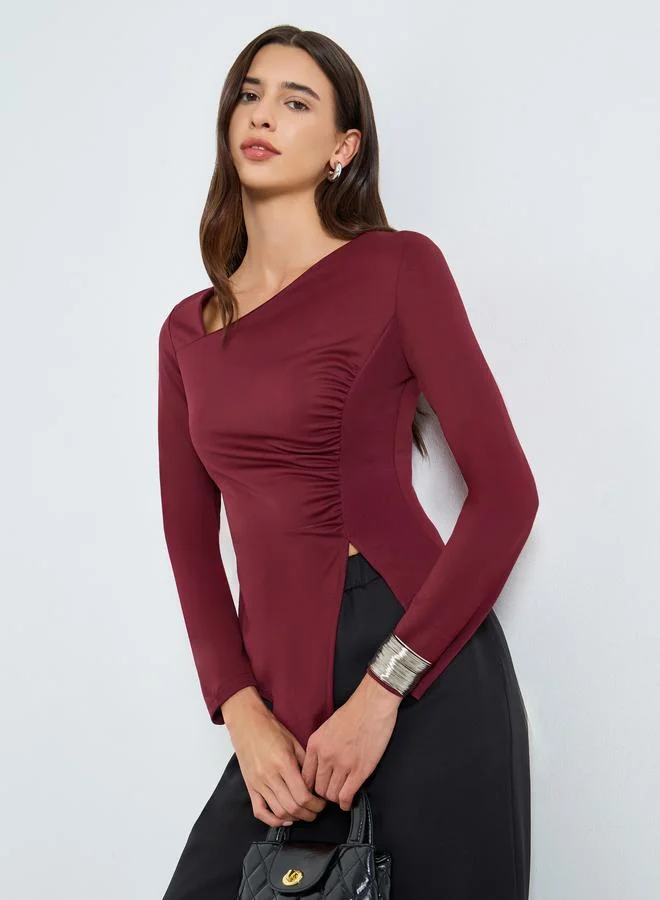 Take Two Solid Irregular Neck Slit Hem Long Sleeve Top