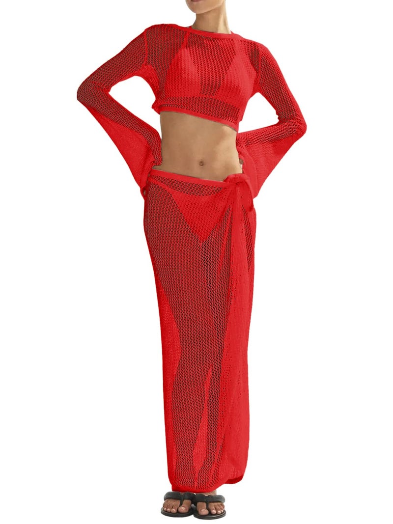 LANNEW Women's Swimsuits Cover Ups Set for Crochet Bathing Suit Hollow Out 2 Piece Bikini Coverup Beach Swimwear - Image 2