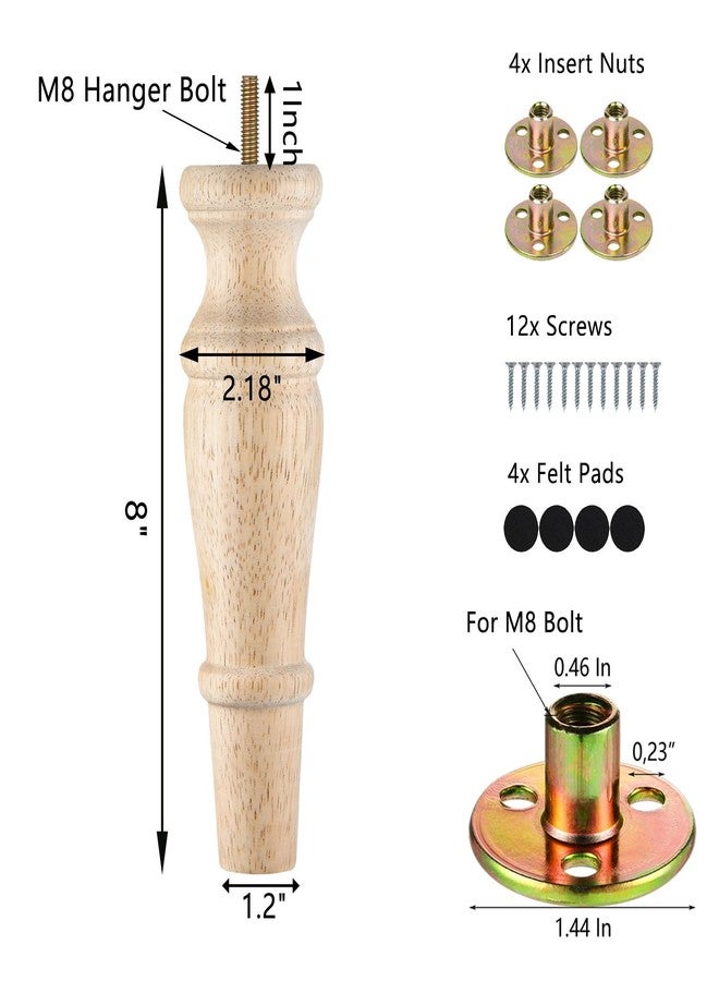 Michanco Wooden Furniture Legs 8 Inch Set of 4 Unfinished Replacement Legs for Chair Ottoman Cabinet Dresser M8 Bolt - Image 4
