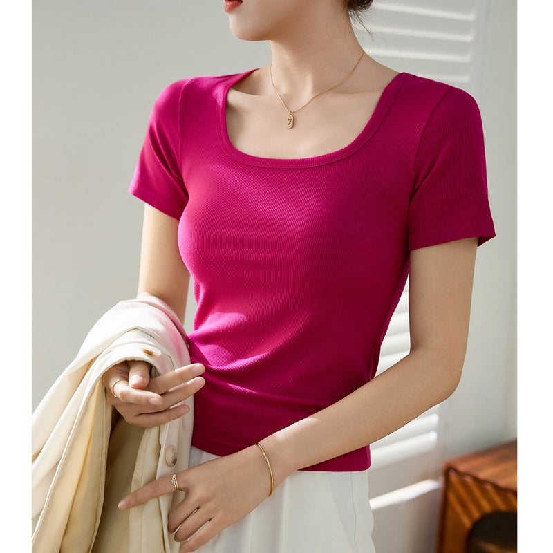 [Take A Good Material] High Elastic Threaded Cotton 2025 Versatile T-Shirt Women'S Short-Sleeved Top Square Collar Bottoming Shirt - Image 1