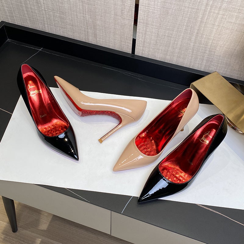 Rhinestone Red Bottom High Heels Women'S Stiletto Heel Style Men'S Beautiful Black Patent Leather Side Empty Point Single-Layer Shoes - Image 4