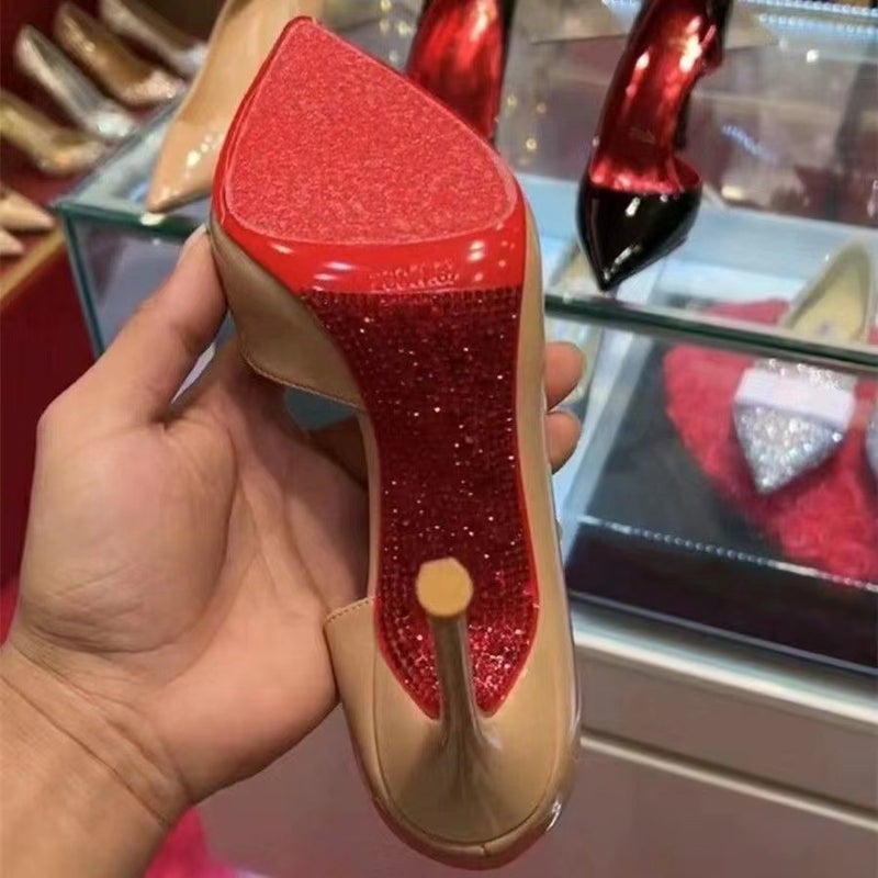 Rhinestone Red Bottom High Heels Women'S Stiletto Heel Style Men'S Beautiful Black Patent Leather Side Empty Point Single-Layer Shoes - Image 1