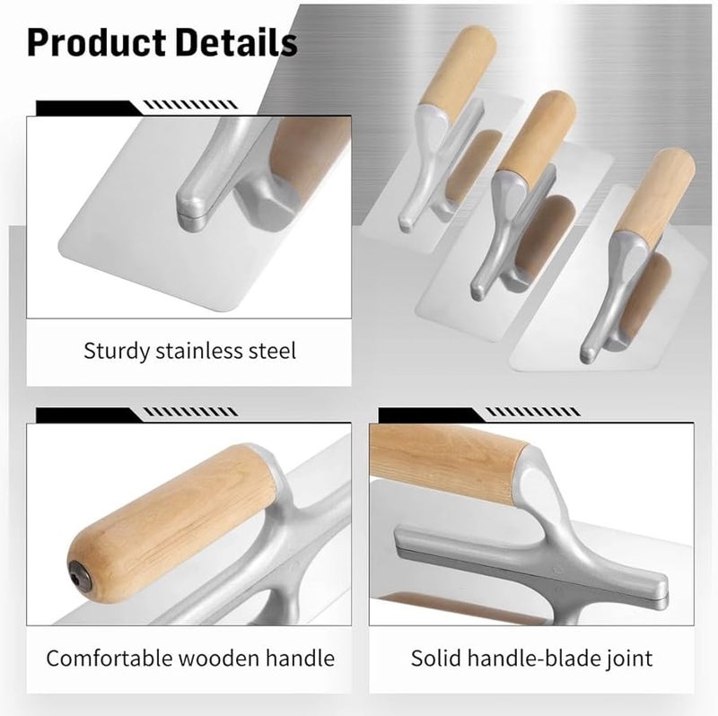 3 Piece Stainless Steel Plastering Trowel Set With Polished Blades And Wooden Handles - Image 5