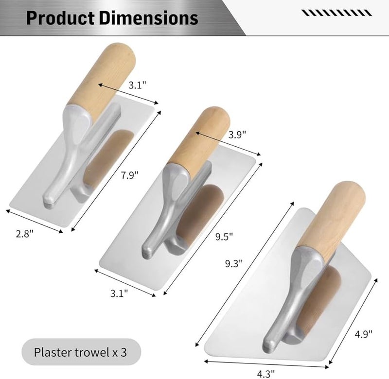 3 Piece Stainless Steel Plastering Trowel Set With Polished Blades And Wooden Handles - Image 4