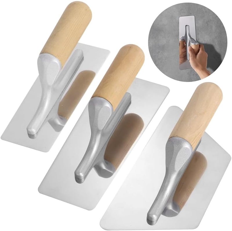 3 Piece Stainless Steel Plastering Trowel Set With Polished Blades And Wooden Handles - Image 3