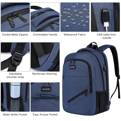 Asenlin Travel Laptop Backpack for Women & Men,Water Resistant Business Slim Sturdy Laptops Backpack with USB Charging Port,Fits 15.6 Inch Notebook College School Computer Bag-Blue - Image 4