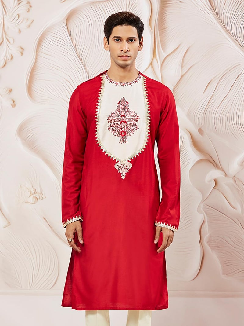VASTRAMAY Men's Red Viscose Kurta | Sequenced Patchwork Kurta for Men - Image 2