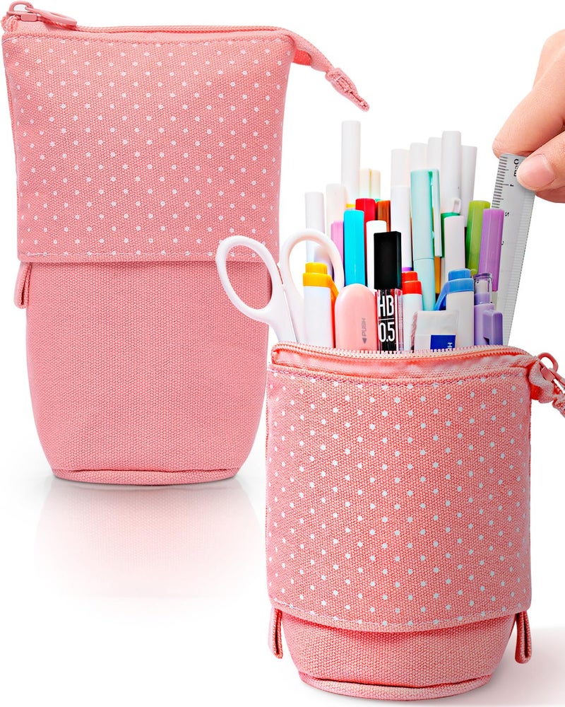 Sooez Standing Pencil Case, Cute Stand up Pencil Pouch, Telescopic Pen Pouch, Portable Pencil Holder, Kawaii Stand up Pencil Case, Spacious Pencil Pouch Bag for School Office Supplies, Pink - Image 1