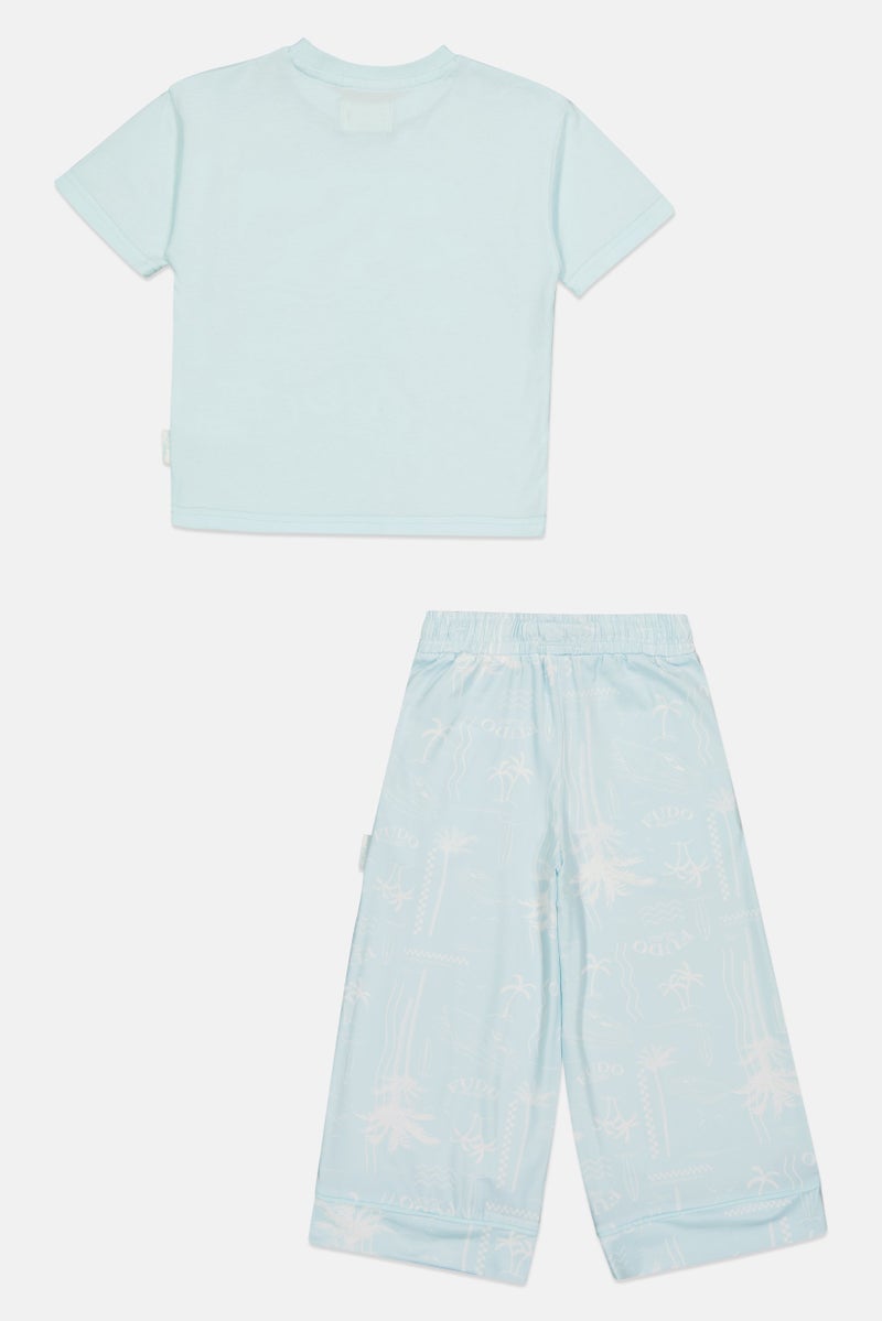 Fudo Lounge By Fudo Toddlers Boy 2 Pieces Embroidered T-Shirt And Pyjama Set, Light Blue - Image 3