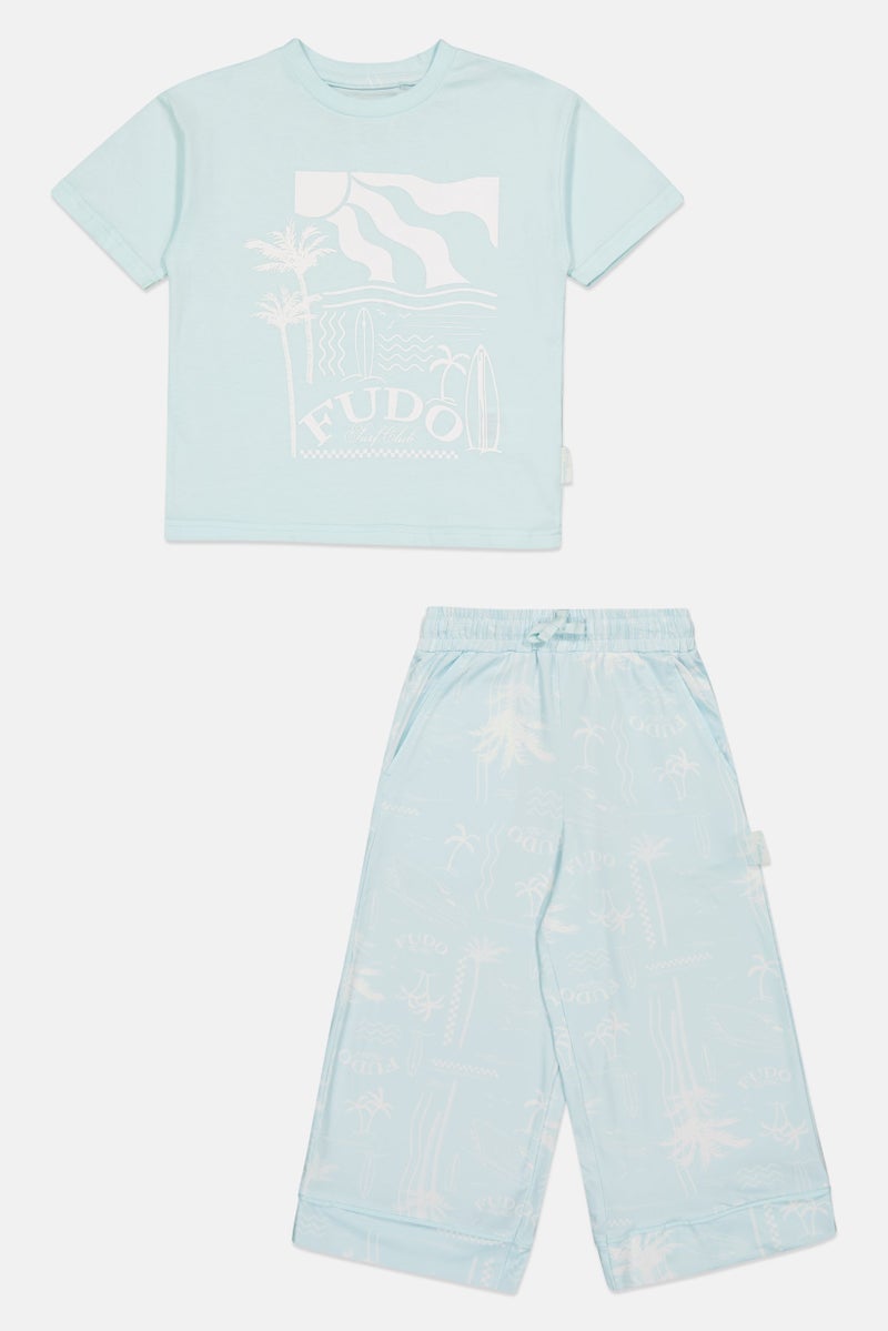 Fudo Lounge By Fudo Toddlers Boy 2 Pieces Embroidered T-Shirt And Pyjama Set, Light Blue - Image 2