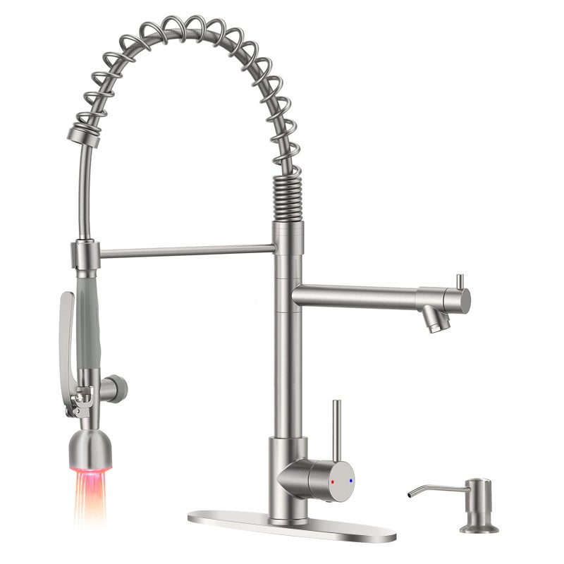 Fapully Commercial Kitchen Faucets with Pull Down Sprayer Brushed Nickel LED Single Handle Faucet for Kitchen Sink Kitchen Faucet with Soap Dispenser and Deck Plack for 4 Hole