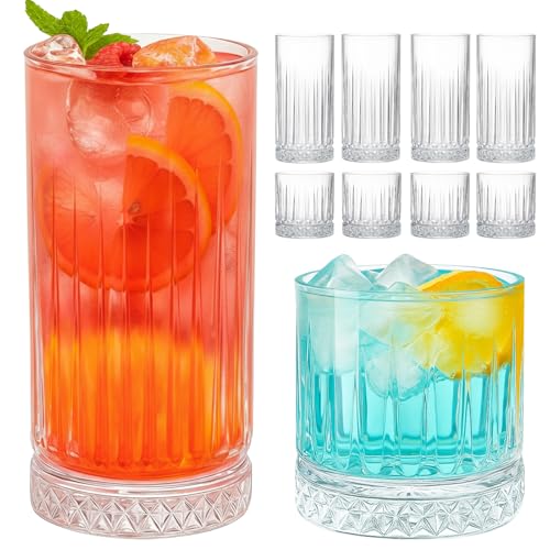 Ruckae Drinking Glasses Set of 815 oz and 7 oz Kitchen Water Glass Cups SetClear Ribbed Glassware Dishwasher SafeMixed Drinkware for BeerJuiceCocktailWhiskeyMilk and Various Mixed Drinks - Image 1