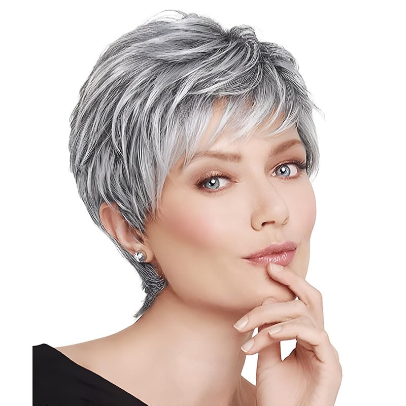 BECUS Gray Pixie Cut Wig â€“ Short Wigs for Women Synthetic, Natural Looking Layered Grey Wig, Easy Wear Pixie Cut Wig for White Women Halloween & Cosplay Daily Use - Image 1