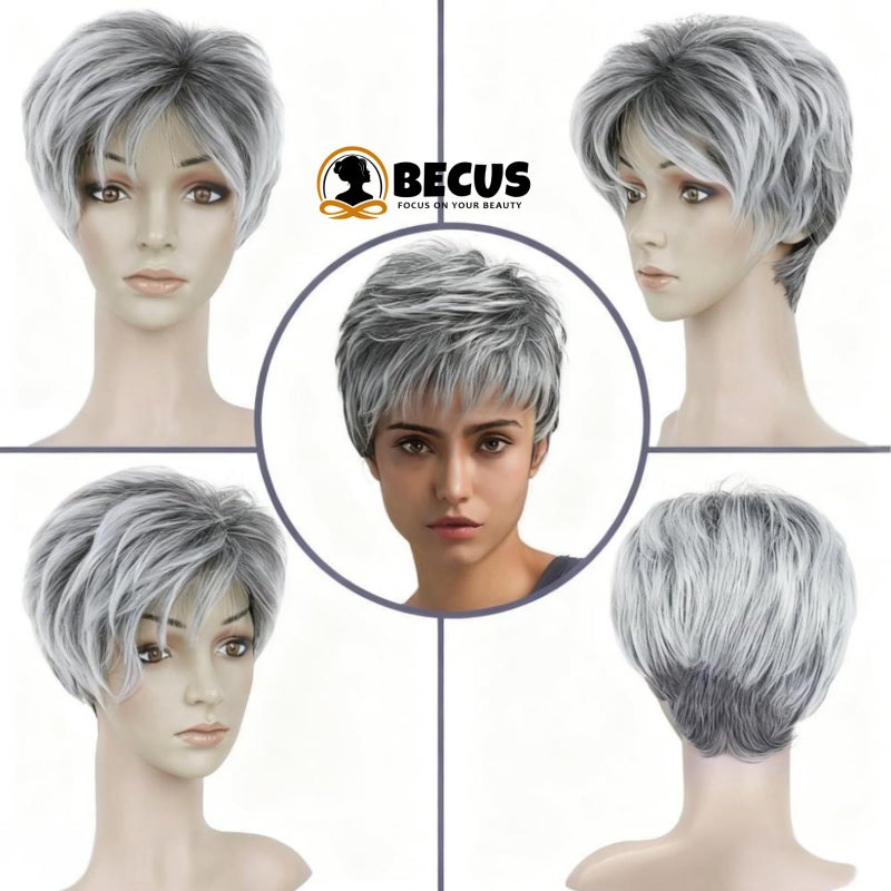 BECUS Gray Pixie Cut Wig â€“ Short Wigs for Women Synthetic, Natural Looking Layered Grey Wig, Easy Wear Pixie Cut Wig for White Women Halloween & Cosplay Daily Use - Image 2