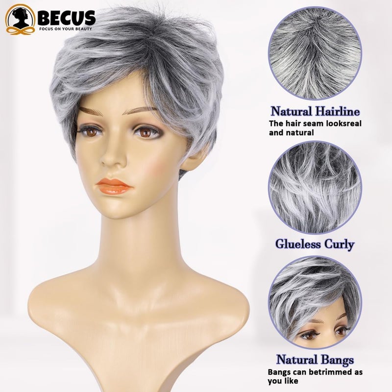 BECUS Gray Pixie Cut Wig â€“ Short Wigs for Women Synthetic, Natural Looking Layered Grey Wig, Easy Wear Pixie Cut Wig for White Women Halloween & Cosplay Daily Use - Image 5