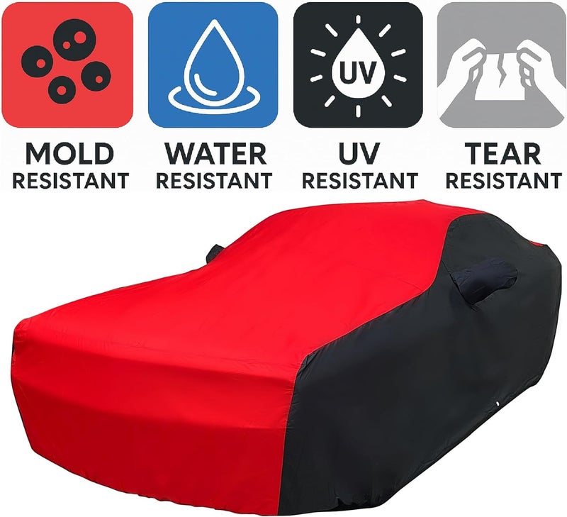 SR1 Performance 2008-2023 Dodge Challenger Ultraguard Plus Car Cover - Indoor/Outdoor Water Resistant Protection (Red/Black) - Image 2
