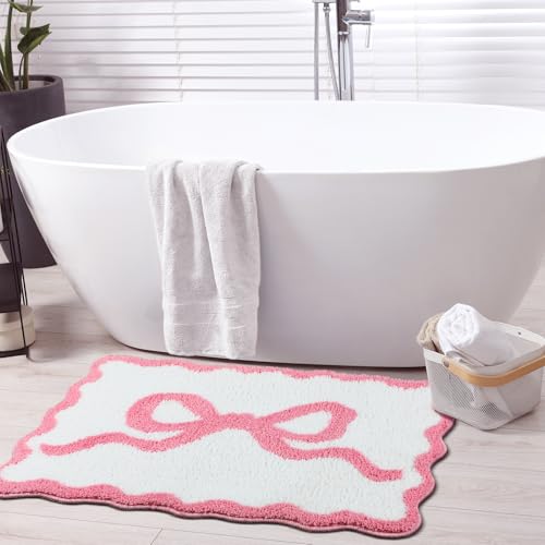 Tinideya Pink Bow Bathroom Rug 16" x 24" Scalloped Bow Bath Mat Non Slip Cute Coquette Aesthetic Carpet Preppy Room Decor Microfiber Absorbent Mat for Mother's Day Bathtub Shower Bedroom Gift - Image 5