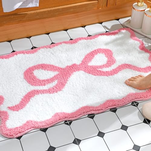Tinideya Pink Bow Bathroom Rug 16" x 24" Scalloped Bow Bath Mat Non Slip Cute Coquette Aesthetic Carpet Preppy Room Decor Microfiber Absorbent Mat for Mother's Day Bathtub Shower Bedroom Gift - Image 4