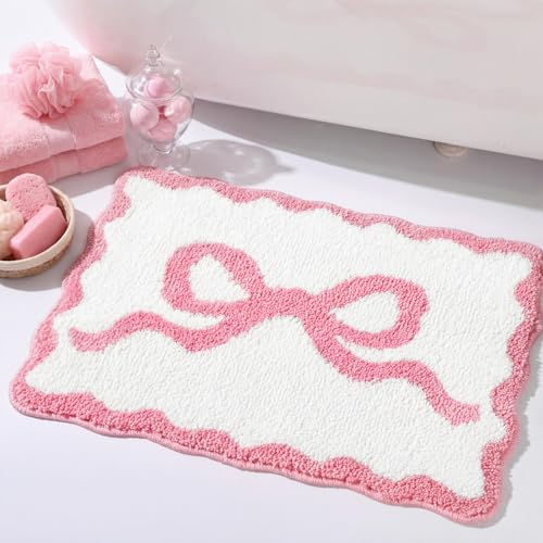Tinideya Pink Bow Bathroom Rug 16" x 24" Scalloped Bow Bath Mat Non Slip Cute Coquette Aesthetic Carpet Preppy Room Decor Microfiber Absorbent Mat for Mother's Day Bathtub Shower Bedroom Gift - Image 1