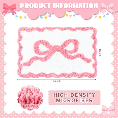 Tinideya Pink Bow Bathroom Rug 16" x 24" Scalloped Bow Bath Mat Non Slip Cute Coquette Aesthetic Carpet Preppy Room Decor Microfiber Absorbent Mat for Mother's Day Bathtub Shower Bedroom Gift - Image 2