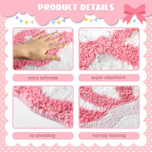 Tinideya Pink Bow Bathroom Rug 16" x 24" Scalloped Bow Bath Mat Non Slip Cute Coquette Aesthetic Carpet Preppy Room Decor Microfiber Absorbent Mat for Mother's Day Bathtub Shower Bedroom Gift - Image 3