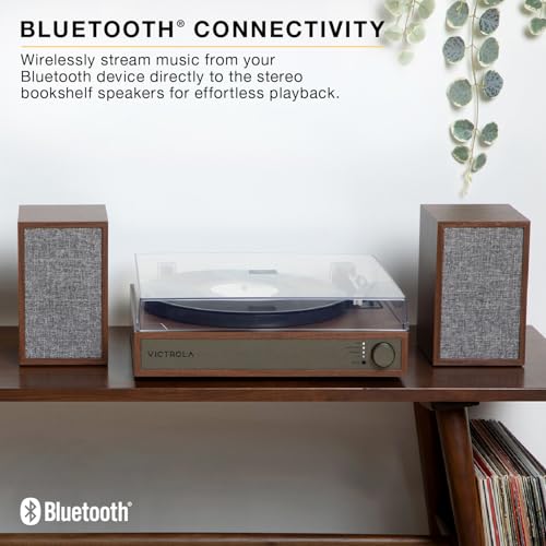 Victrola Harmony Bluetooth Turntable System 3Speed Vinyl Record Player Stereo Bookshelf Speakers MidCentury Modern Design Audio Technica ATN3600L Bluetooth Input and Output Walnut - Image 3