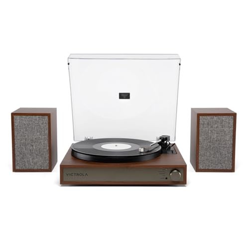Victrola Harmony Bluetooth Turntable System 3Speed Vinyl Record Player Stereo Bookshelf Speakers MidCentury Modern Design Audio Technica ATN3600L Bluetooth Input and Output Walnut - Image 1