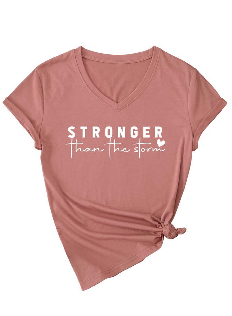 Stronger Than The Storm V Neck Short Sleeve Top Inspirational Positive Quotes Graphic Shirt - Image 1