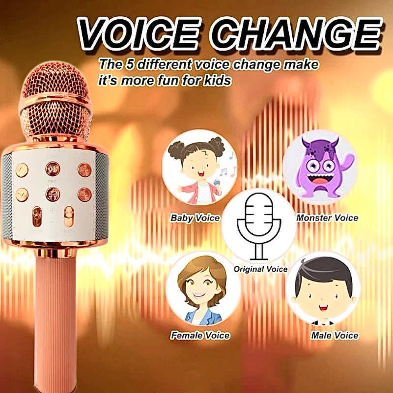 Handheld Karaoke Microphone: Rose Gold Portable Speaker With LED Lights - 5 Fun Voice Change Effects Omni-directional Condenser Mic For 4-15 Years Old Kids, Professional Noise Reduction For Recording - Image 3