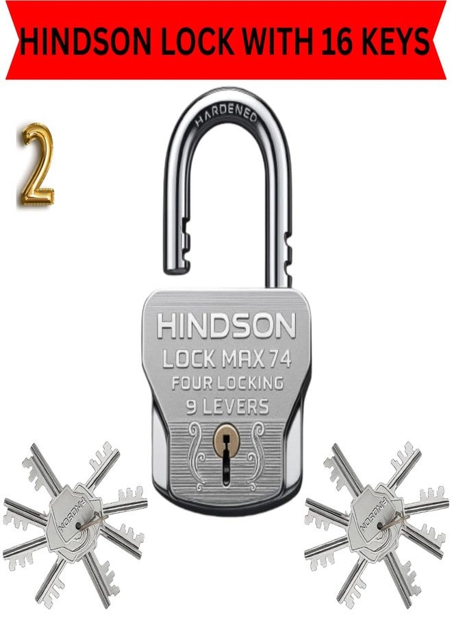 HINDSON 16 Same Keys MAX 74mm 4 Locking System | 9 Lever Mechanism | Chrome Finish Heavy Duty Big Size 610g Approx | 4 Locks with 16 Same Keys for Gate, Shutter & Home Use - Image 4